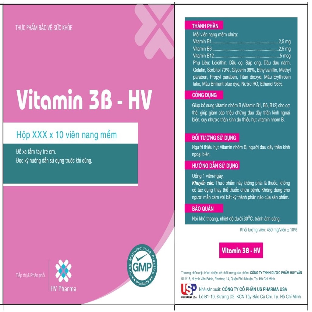 VITAMIN 3B-HV B1 B6 B12 - Bổ sung vitamin nhóm B giúp giảm triệu chứng đau dây thần kinh, suy nhược thần kinh.Hộp/100v