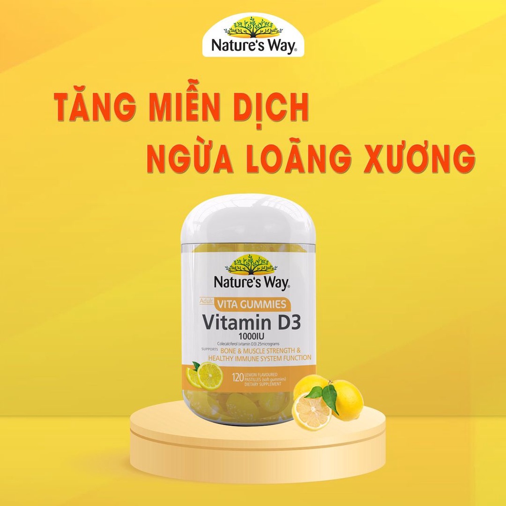 Kẹo dẻo bổ sung Vitamin D3 1000IU Nature's Way giảm loãng xương, tăng miễn dịch cho người lớn_Hộp 120 viên