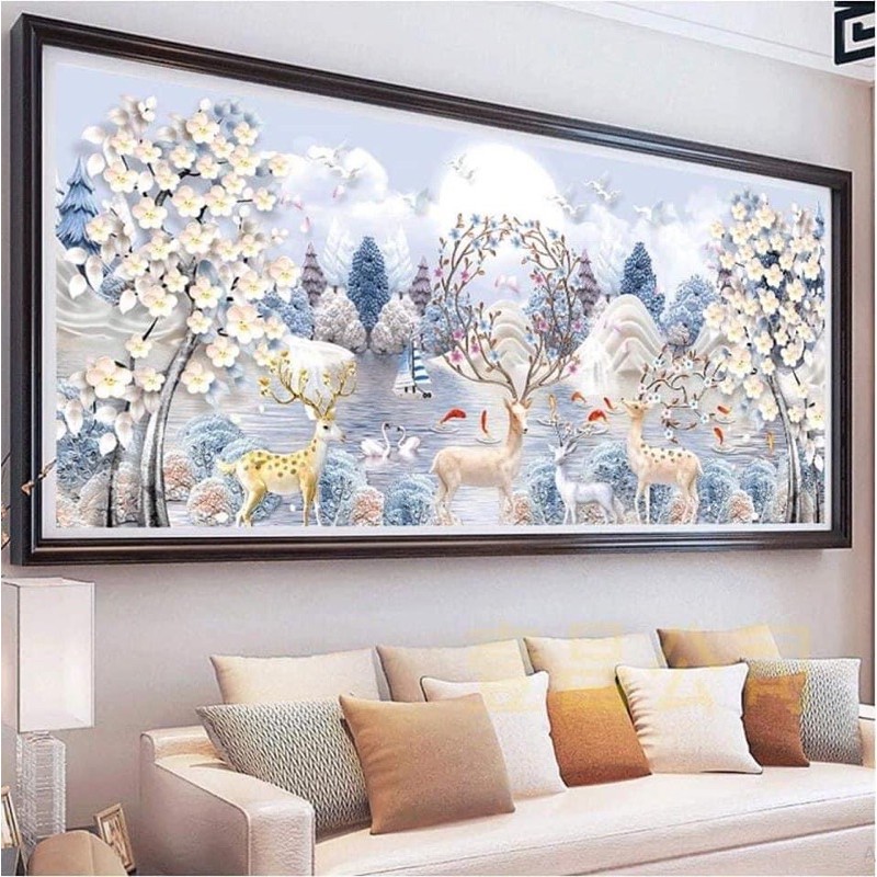 Tranh thêu kín hươu tài lộc MHH0873(150*65cm) ,MHH0874(180*76cm)