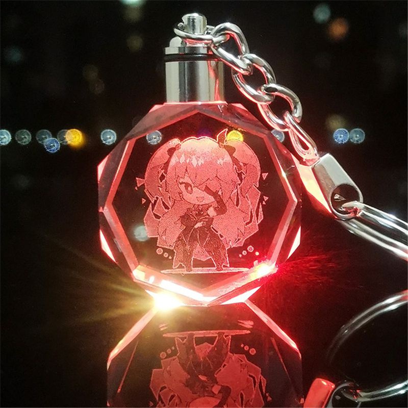 Móc khóa mặt nhân vật Wendy Klee Keqing QiQi Genshin Impact LED nhiều màu sắc pha lê làm quà tặng nhỏ