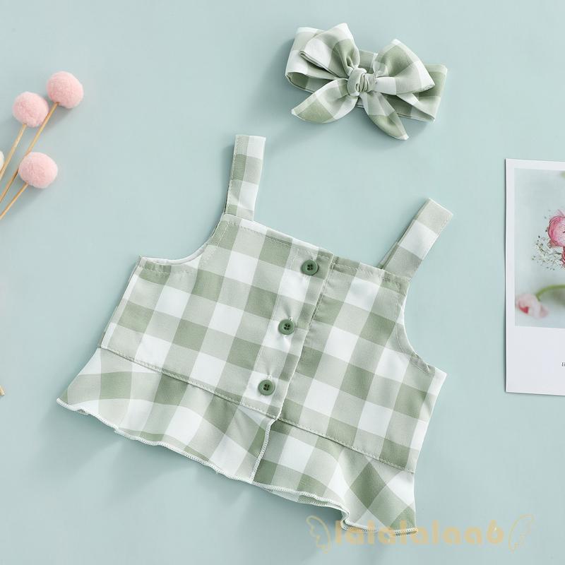 Set Đồ 3 Món Gồm Áo Cổ Thuyền Kẻ Sọc Caro Có Diềm Xếp Nếp + Quần Dài Và Túi Đeo Cho Bé Gái Sơ Sinh