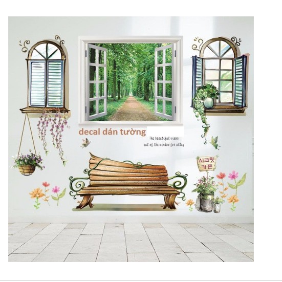 BỘ COMBO DECAL GHÉP ĐÔI TRANG TRÍ - Cửa sổ con đường và Ghé Gỗ ( 2 TẤM )
