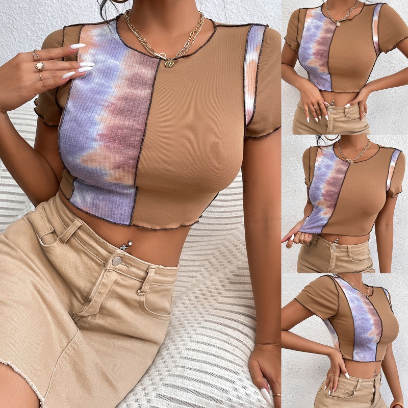 Áo Croptop Tay Ngắn Cổ Tròn Phối Bèo Màu Gradient Phong Cách Harajuku Punk Cho Nữ