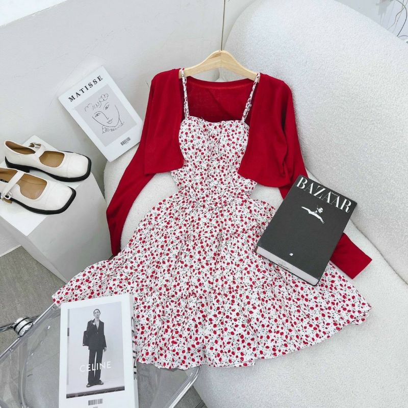 SALE TÉT-Set đầm 2 dây hoa nhí kèm áo khoác đỏ-hàng thiết kế