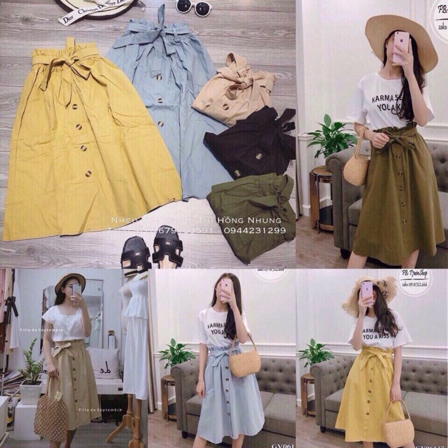 Chân váy kaki nơ bản khuy gỗ hàng Quảng Châu