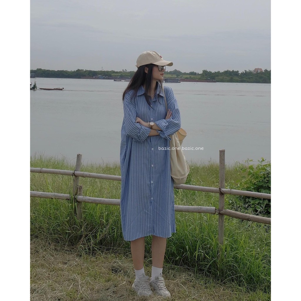 Váy sơ mi kẻ xanh Meestore- Đầm suông dài tay cổ sơ mi phong cách hàn quốc | BigBuy360 - bigbuy360.vn