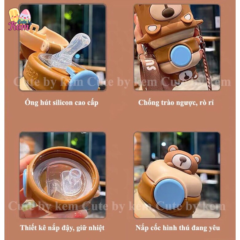 Bình nước giữ nhiệt bằng thép không gỉ hình hoat hình dễ thương cho bé kèm túi đựng bình có dây đeo