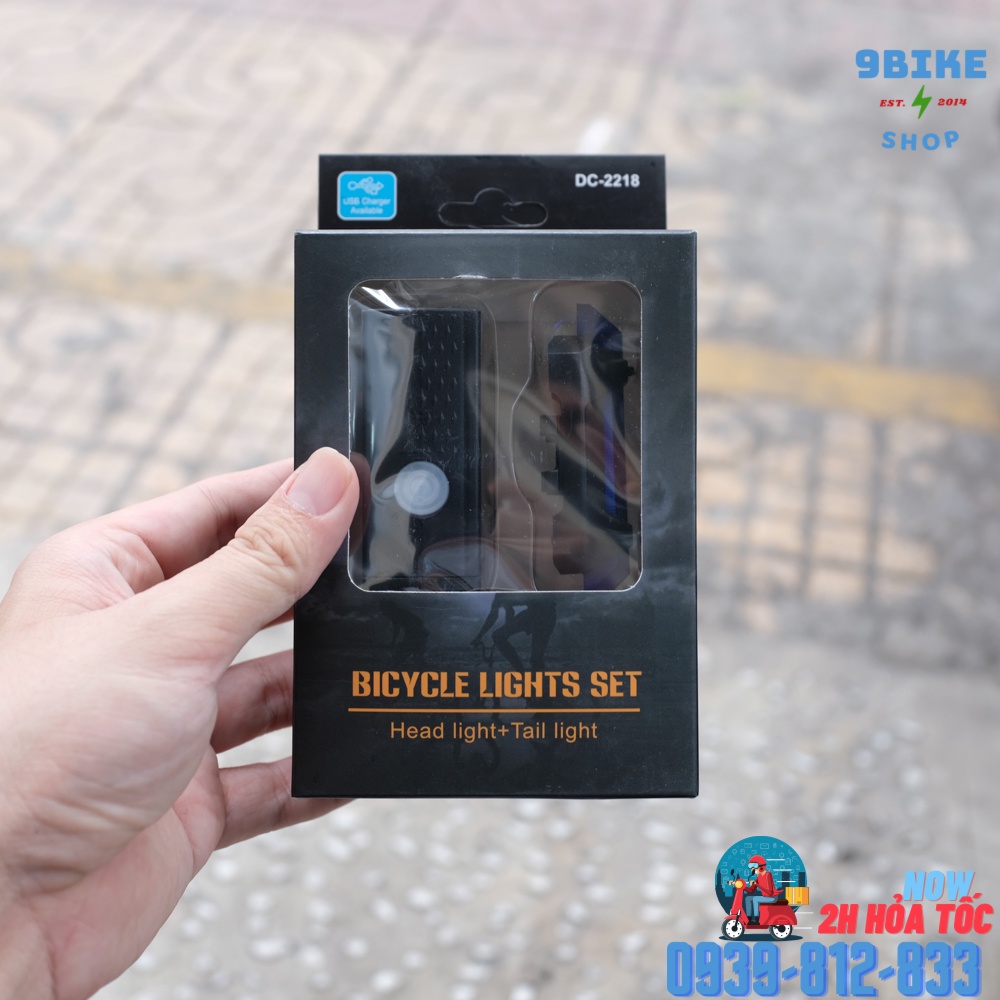 Đèn led xe đạp combo trước sau sạc USB DC-2218 đèn sau sáng xanh
