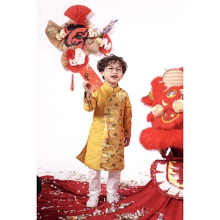 Áo dài bé trai phối gấm hạc Mialy Kids (17-20kg) - chất Taffa Hàn mềm mại phối gấm hạc nổi, cực sang xịn mịn