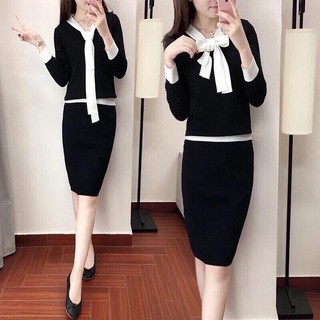 Set váy len cổ nơ