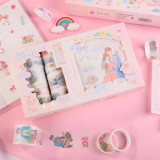 Hộp 10 cuộn washi tape kèm 10 tờ stickers scrapbook, planner, bullet journal