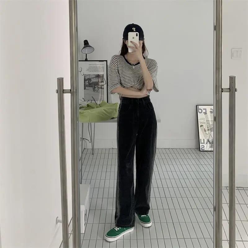 Quần Jean Ống Rộng Màu Đen Lưng Cao Họa Tiết Kẻ Sọc Phong Cách Hàn Quốc Thời Trang Cho Nữ