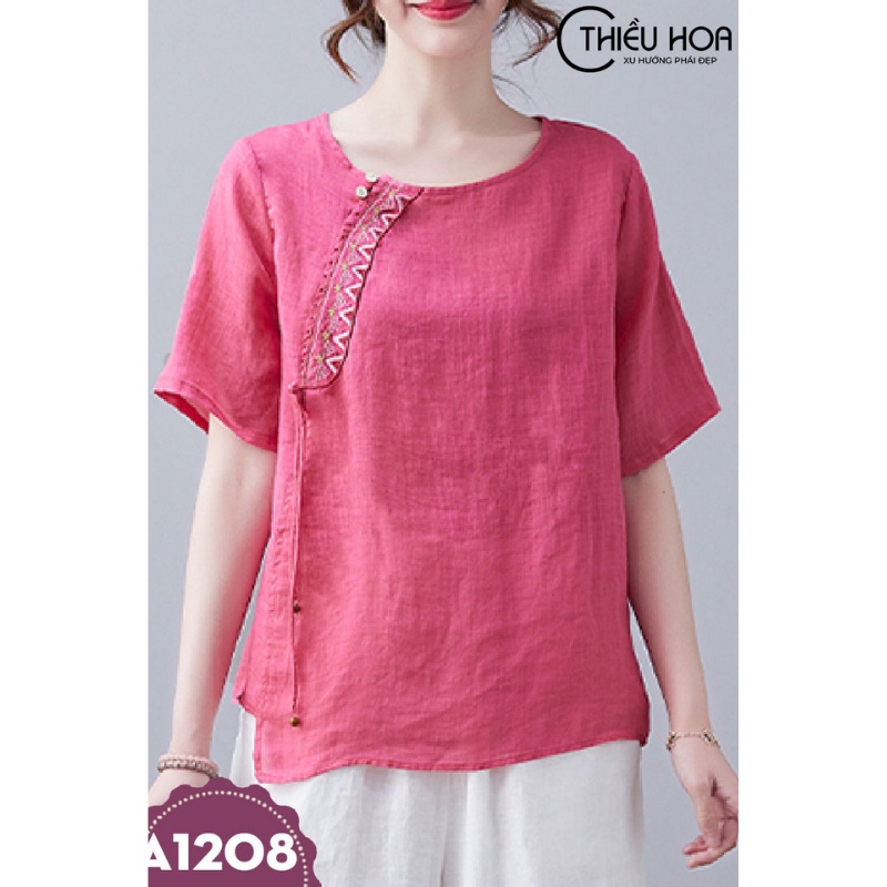 Áo Thiều Hoa Trung Niên Nữ Chất Linen Thoáng Mát, Trẻ Trung, Chuẩn Form Đứng Dáng A1208