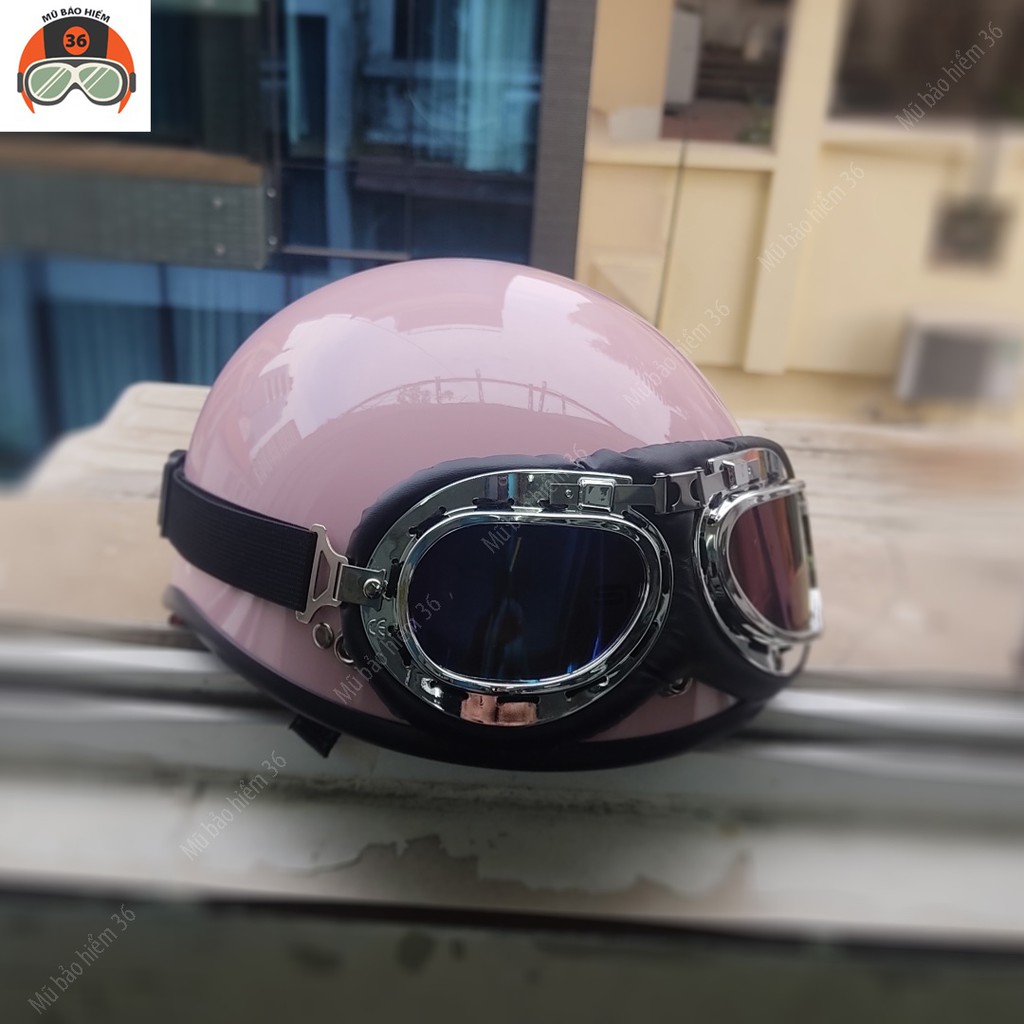 Mũ bảo hiểm nửa đầu chính hãng Sunda Halya kèm kính phi công - màu hồng bóng