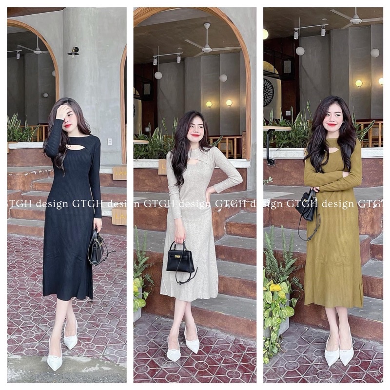 Váy len tăm cut-out ngực dáng xoè chữ A