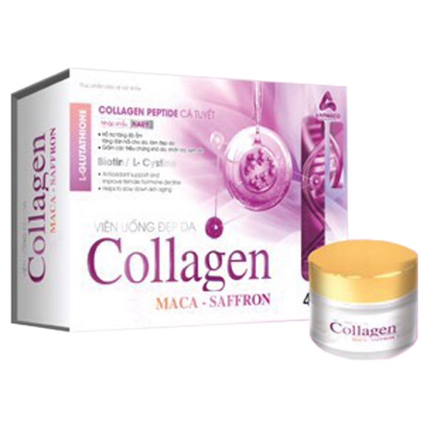 Viên Uống Đẹp Da Collagen Maca-Saffron - Hỗ trợ giảm các triệu chứng khô da, nhăn da, sạm da (hộp 3 lọ x 15 viên)
