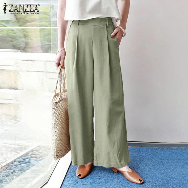 Quần ZANZEA ống rộng lưng cao màu trơn hợp thời trang cho nữ