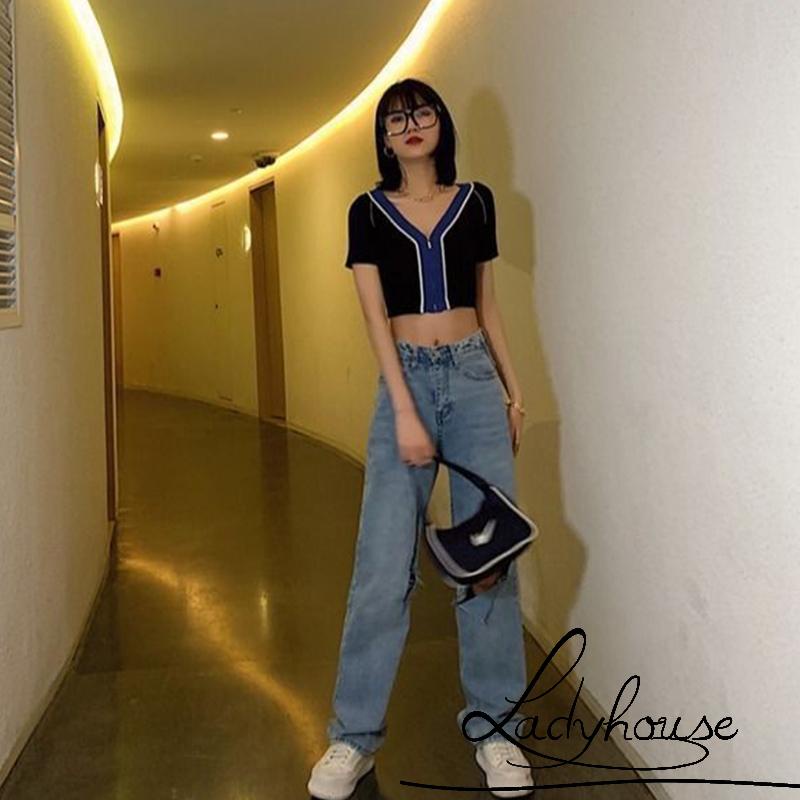 Áo Croptop Dệt Kim Tay Ngắn Cổ Chữ V Màu Sắc Tương Phản Có Khóa Kéo Thời Trang Mùa Hè Cho Nữ