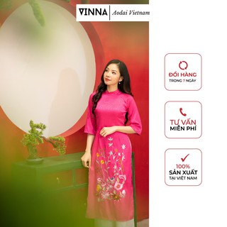 Áo dài cách tân gấm tơ thêu hoa chim mẹ bé kèm mấn đẹp dễ thương áo dài mẹ bé VINNA