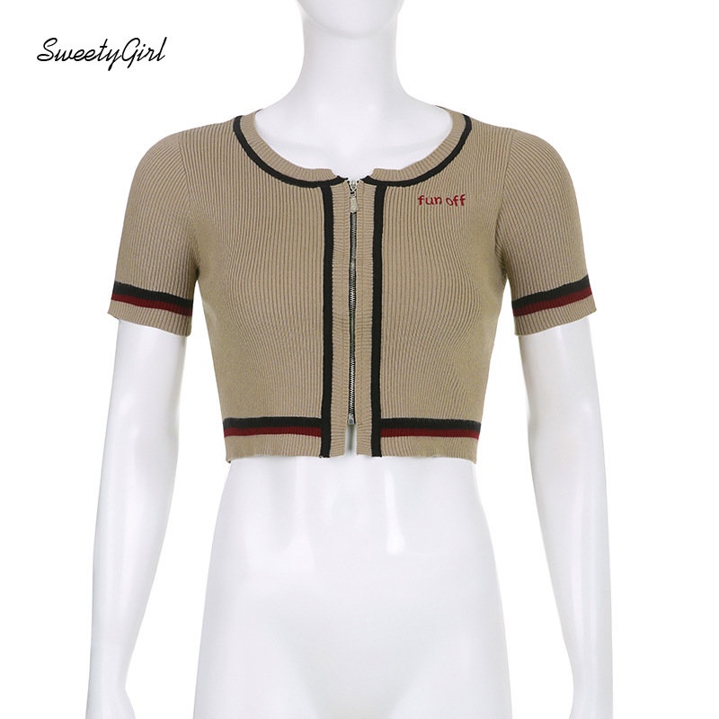 Áo Thun Dệt Kim Tay Ngắn Cổ Chữ U Thêu Chữ Phối Màu Tương Phản Thời Trang 2022 Cho Nữ