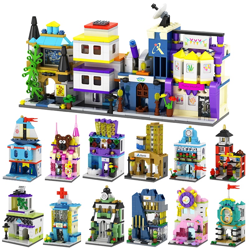 Bộ đồ chơi Lego City Street View Cửa hàng, Trường học, Bệnh viện, Mô-đun xây dựng Đồ chơi mô hình khối xây dựng lắp ráp cho trẻ em 164 chiếc