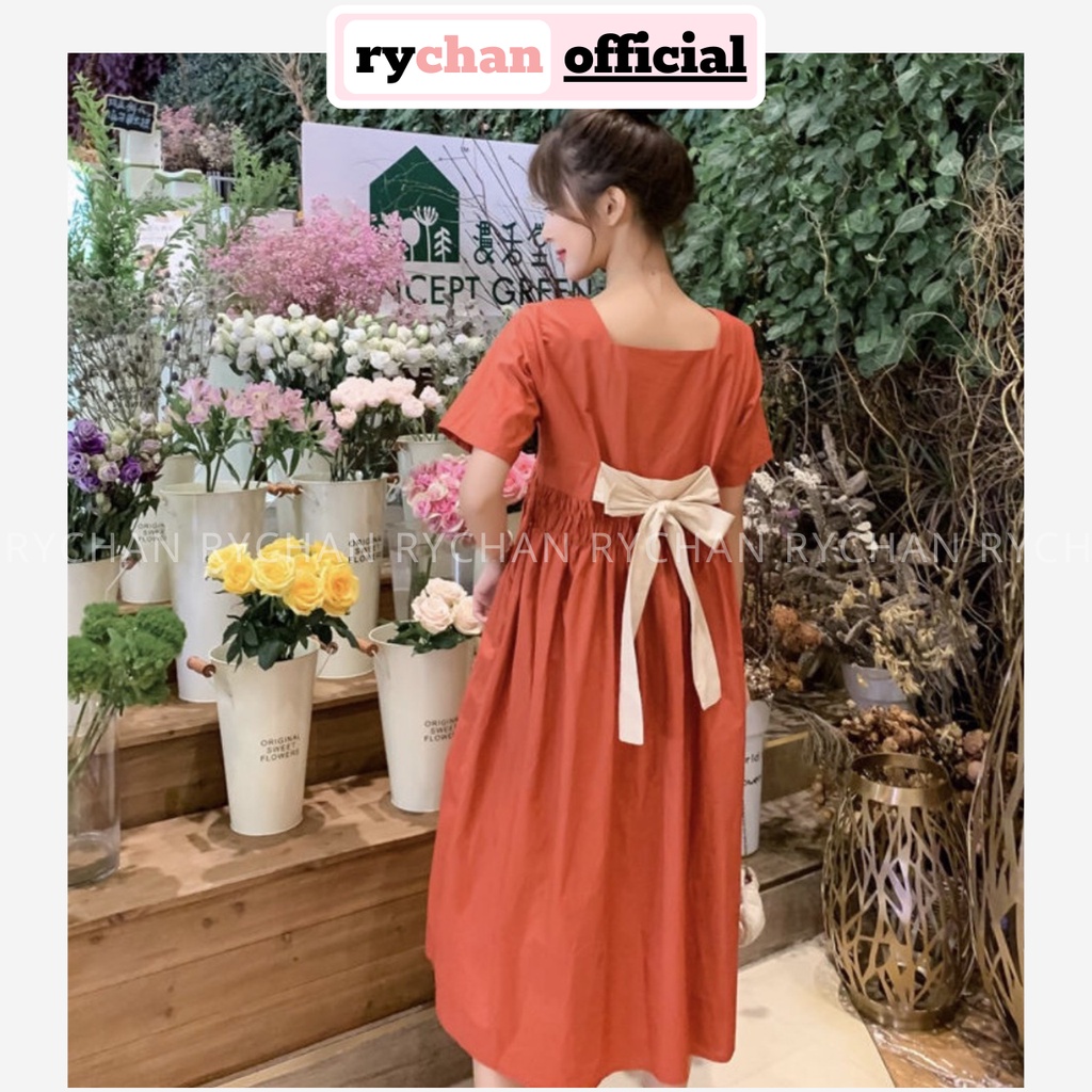 Đầm Xòe Cam Cổ Vuông Nhún Eo Nơ Sau - DX864