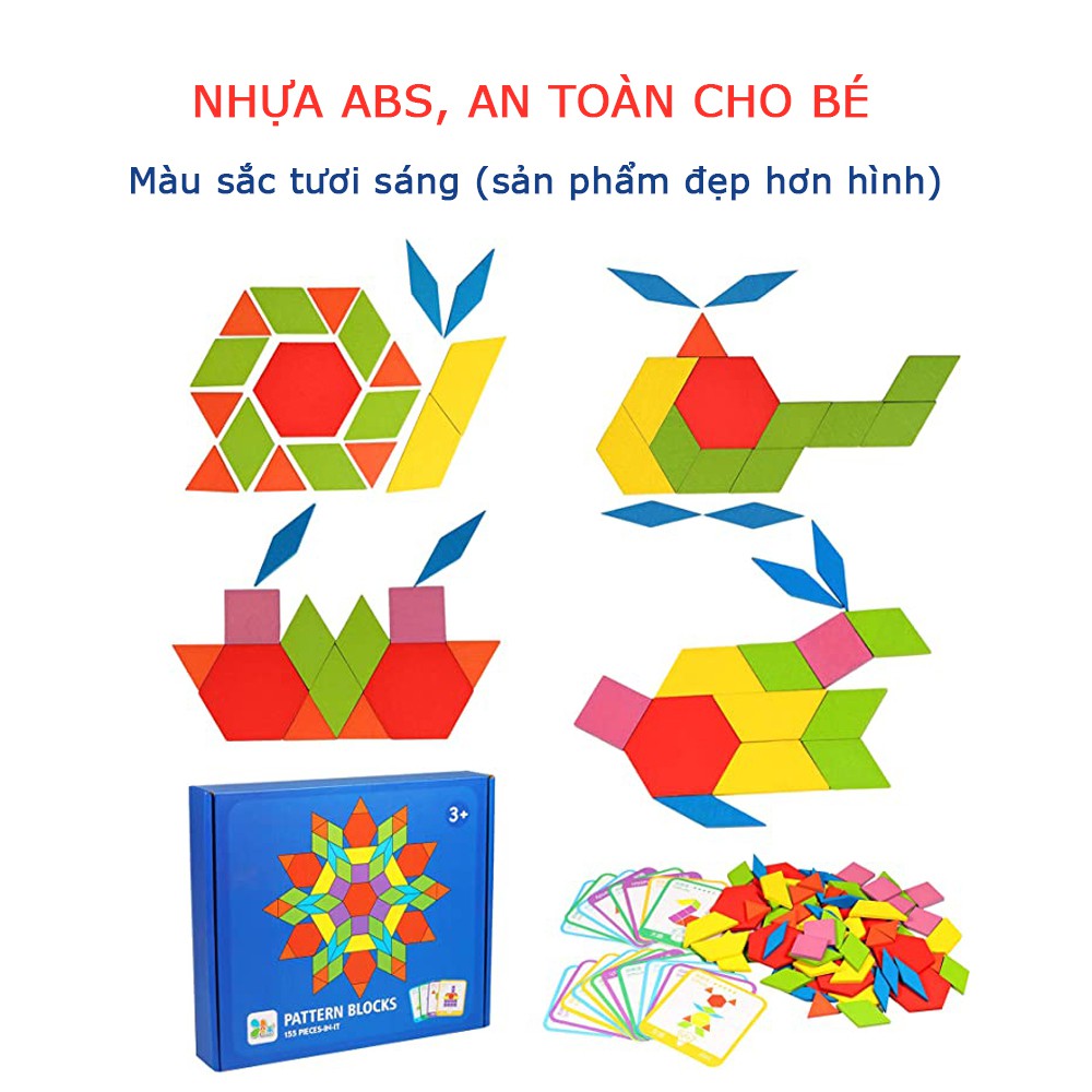 Bộ Ghép Hình Sáng Tạo Pattern Block 155 Chi Tiết, đồ chơi gỗ, giáo cụ montessori, dành cho bé từ 3 tuổi trở lên