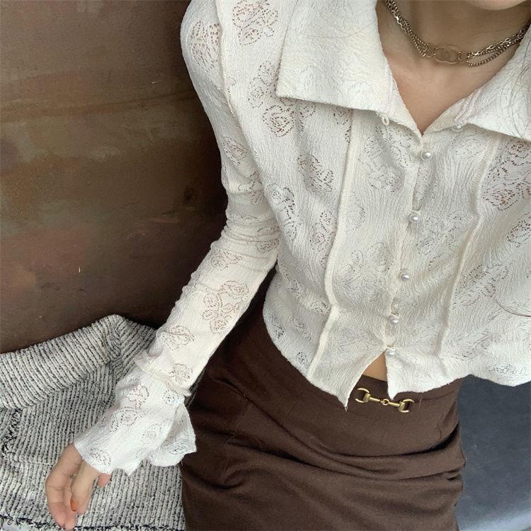 One Forget All Rỗng/&lt;Best Exclusive} Áo Sơ Mi Ren Hoa Hồng polo Dáng Ngắn Khí Chất Retro Cá Tính