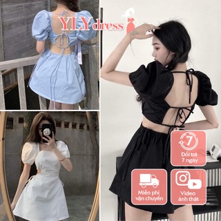 Váy đầm nữ hở lưng tay phồng khoét eo buộc dây cổ vuông dáng chữ A mini ngắn sexy Ylydress C295