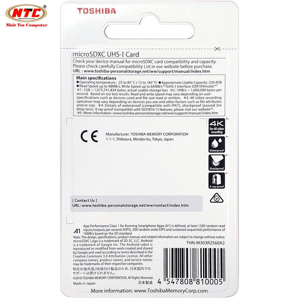 Thẻ nhớ MicroSDXC Toshiba Exceria M303 256GB UHS-I U3 4K V30 A1 R98MB/s W65MB/s (Đen)