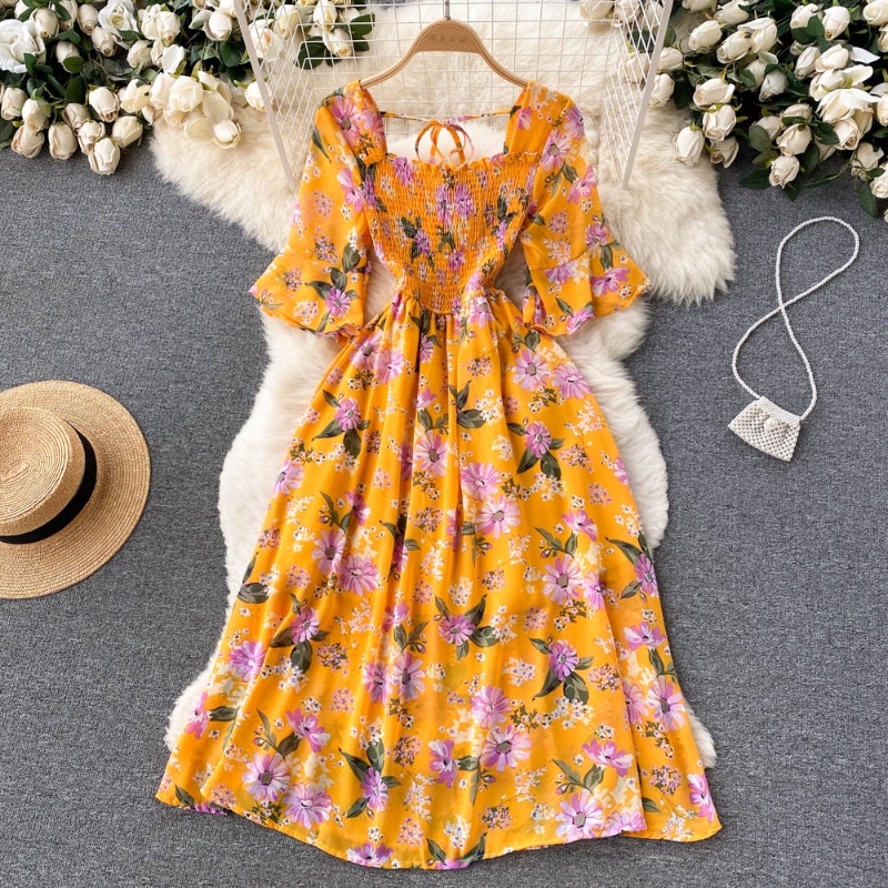 Đầm Voan Cổ Vuông Tay Loe Dài Ôm Eo Phong Cách Pháp Cổ Điển Thời Trang Cho Nữ