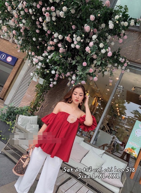 Bigsize Set áo trễ vai cài hoa S18