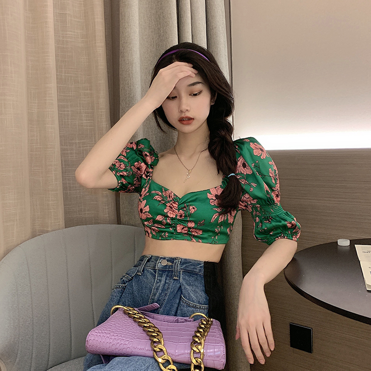 DUNEA Áo kiểu cổ vuông họa tiết hoa phong cách retro gợi cảm thời trang cho nữ