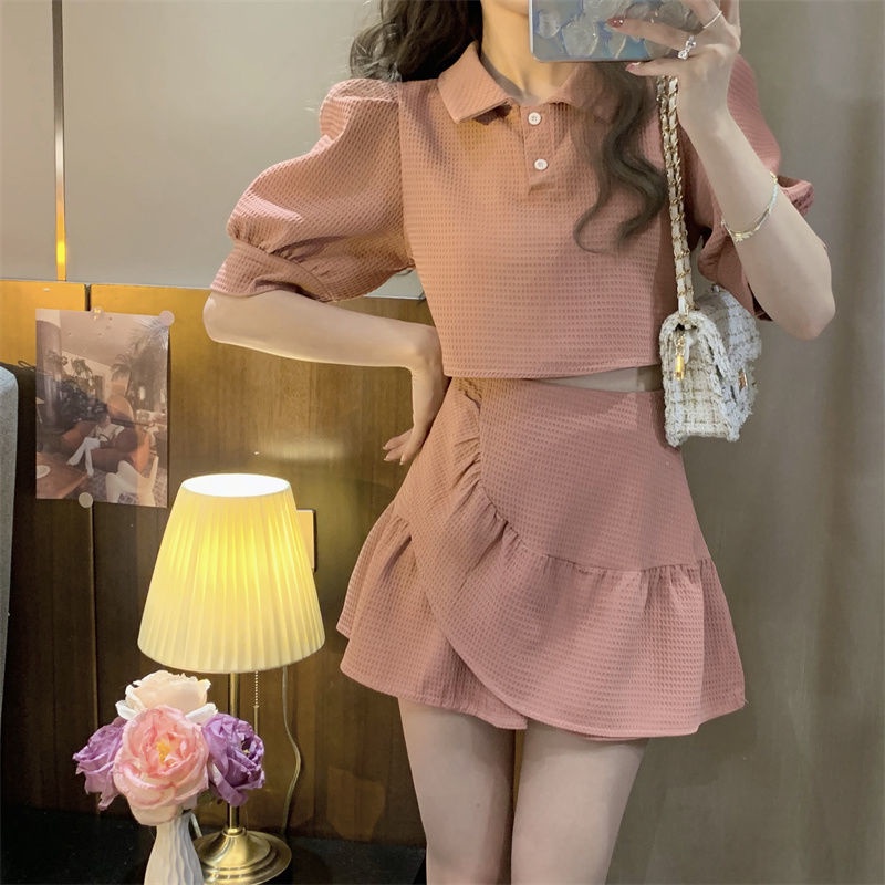 COZOK Set Áo Tay Phồng Ngắn + Chân Váy Lưng Cao Thời Trang Trẻ Trung Cho Nữ