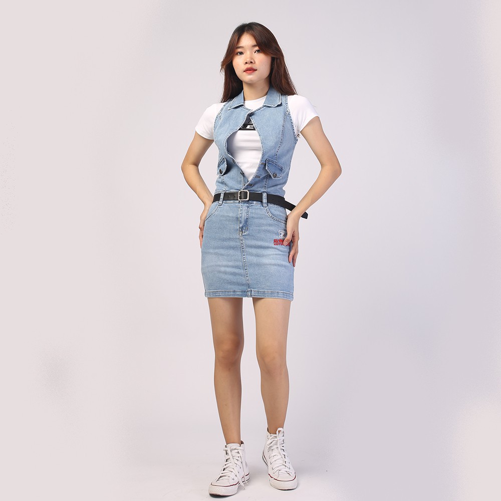 Chân váy ngắn jean HANOIJEAN - Chân váy liền áo màu xanh trắng co giãn chân váy bò VAY005 | BigBuy360 - bigbuy360.vn