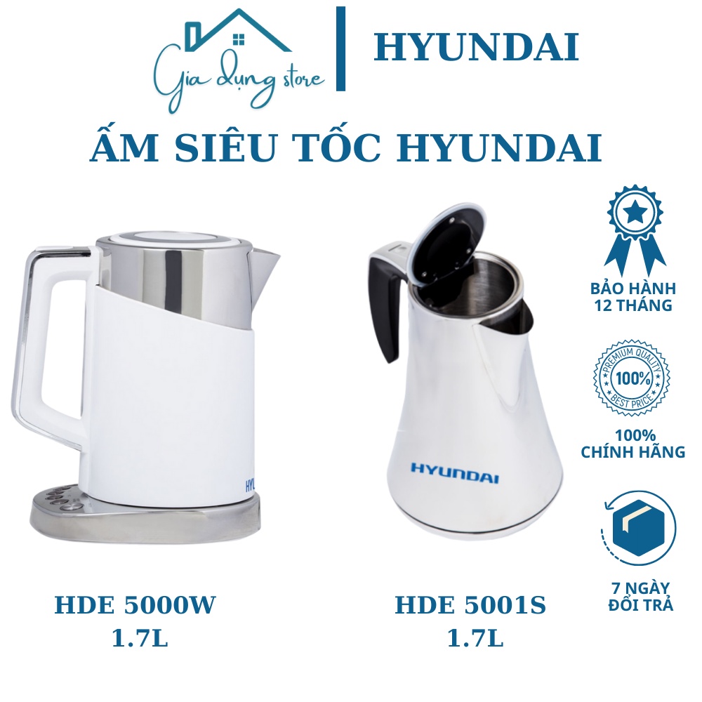 Ấm nước siêu tốc, bình đun nước siêu tốc Hyundai 1.7L,2 lớp cách nhiệt,đun sôi nhanh, hàng chính hãng, bảo hành 12 tháng