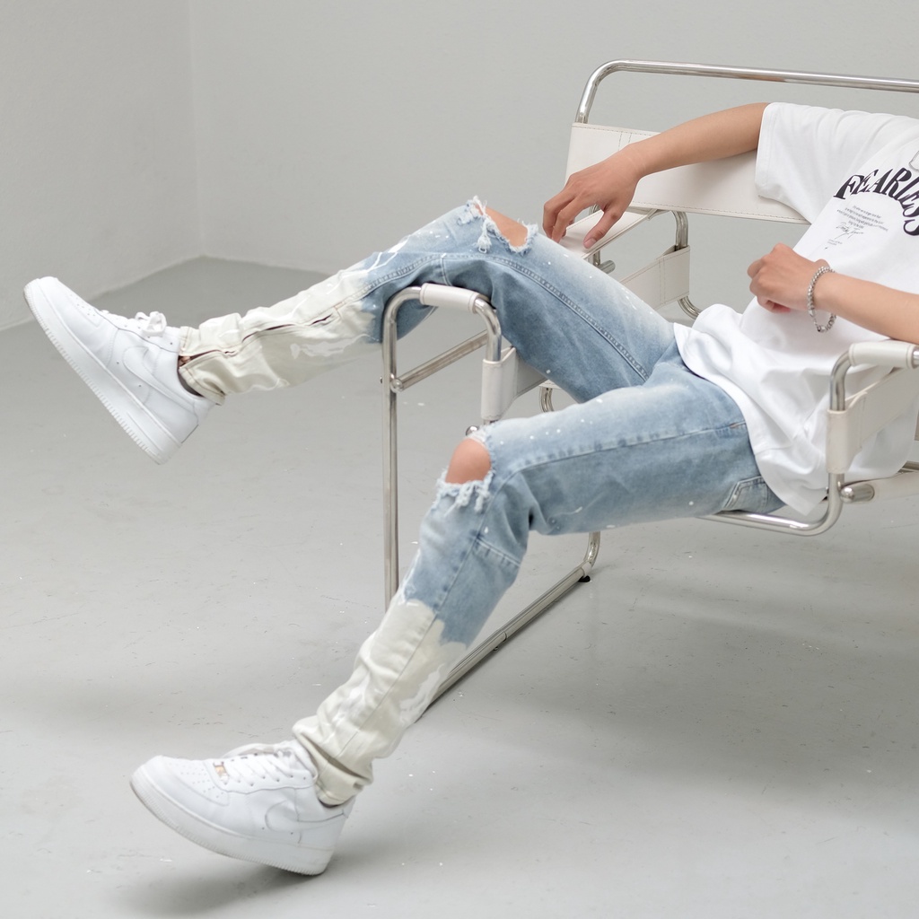 Quần jean nam cao cấp streetwear Q25 màu xanh sáng có zip vẫy sơn  form slimfit chất jean co giãn, thoải mái.