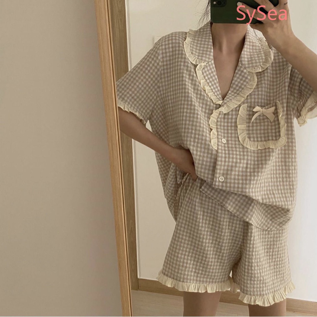 Bộ Đồ Ngủ Tay Ngắn Họa Tiết Sọc Caro Ngọt Ngào Thời Trang Mùa Hè Cho Nữ
