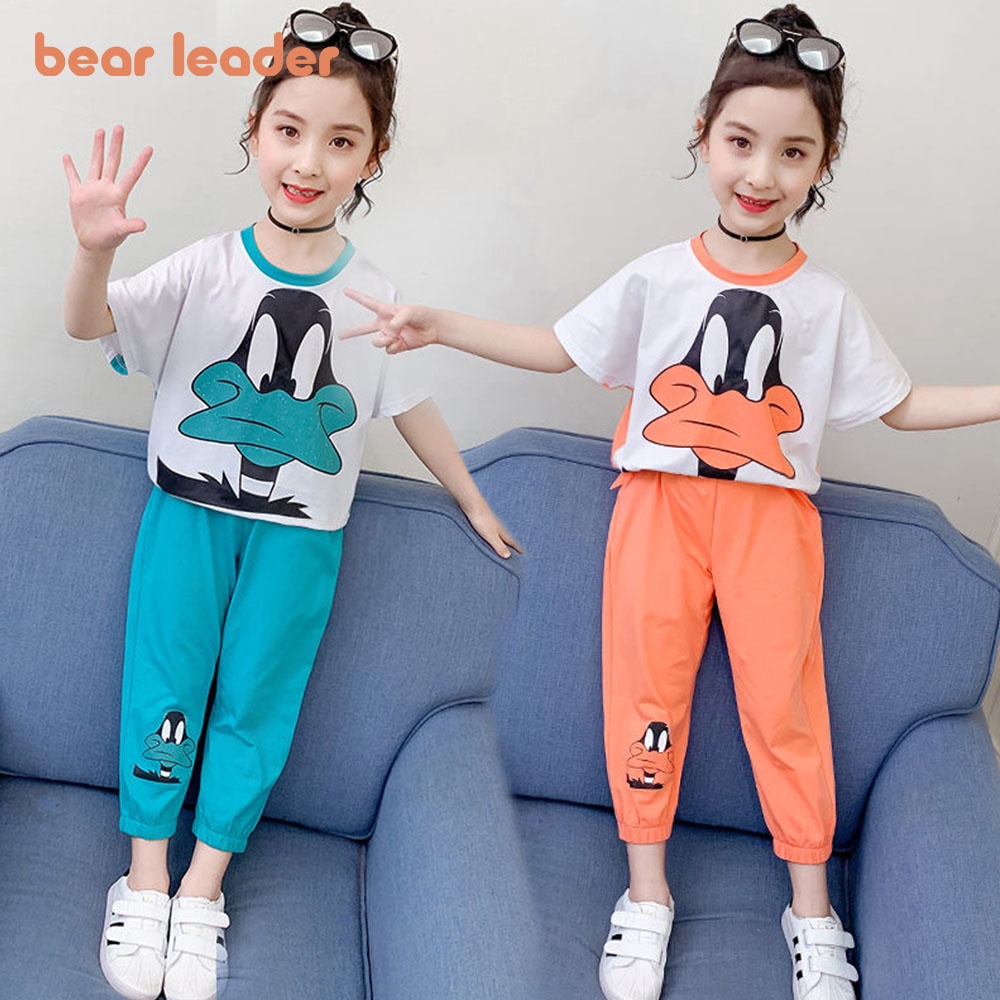 Bộ đồ 2 mảnh BEAR LEADER mùa hè in họa tiết hoạt hình dễ thương cho bé gái 4-13 tuổi