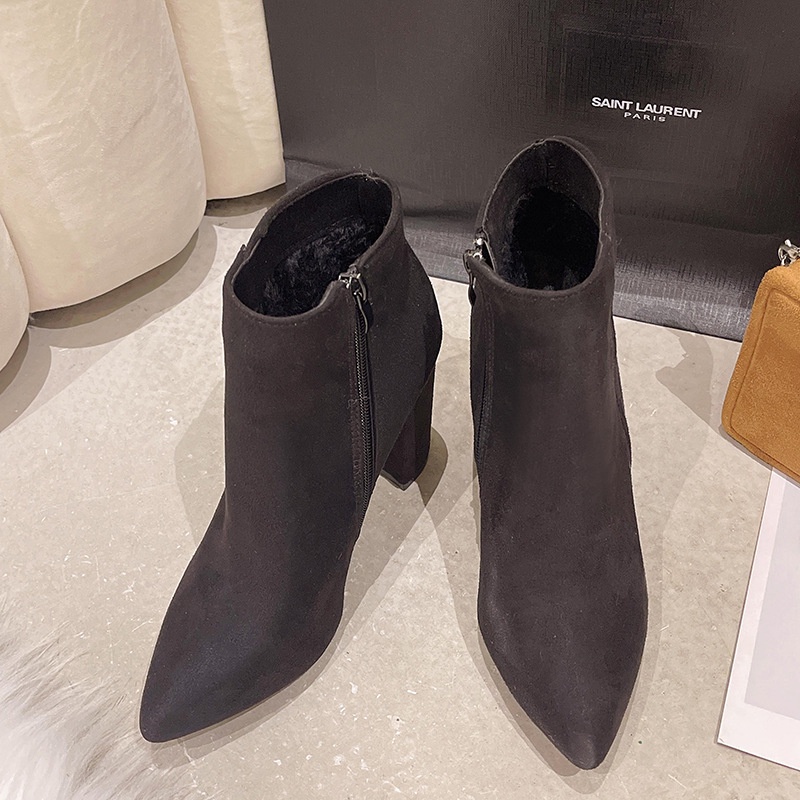 Giày Bốt martin Da Lộn Mũi Nhọn Gót Thấp Phối Khóa Kéo Bên Hông Thời Trang Cho Bạn Gái