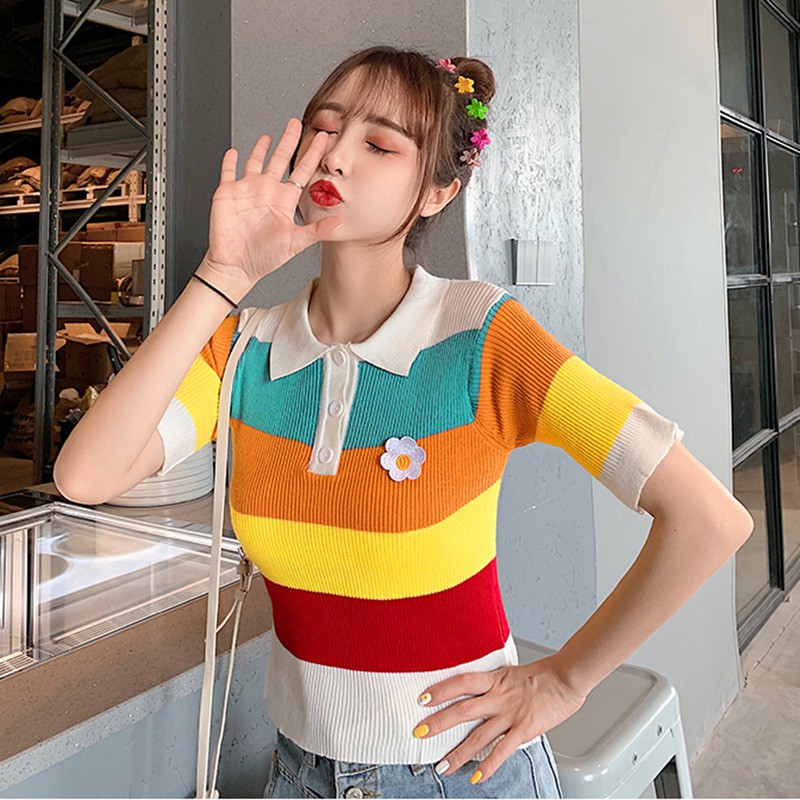 Áo thun polo nữ sọc ngang phối màu tương phản | BigBuy360 - bigbuy360.vn