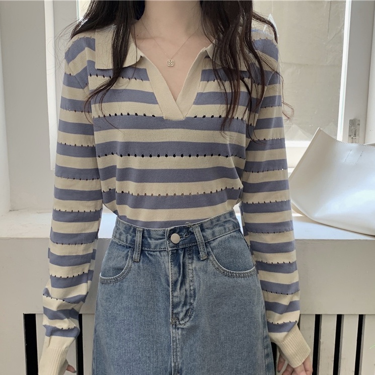 Áo dệt kim ZHELIHANGFEI tay dài cổ bẻ dáng ôm họa tiết kẻ sọc thời trang cho nữ