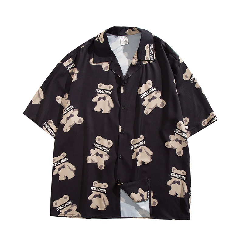 Áo Sơ Mi Tay Ngắn Vải Lụa Lạnh In Hình Gấu Toàn Diện Kiểu Hàn Quốc Cá Tính Cho Cặp Đôi