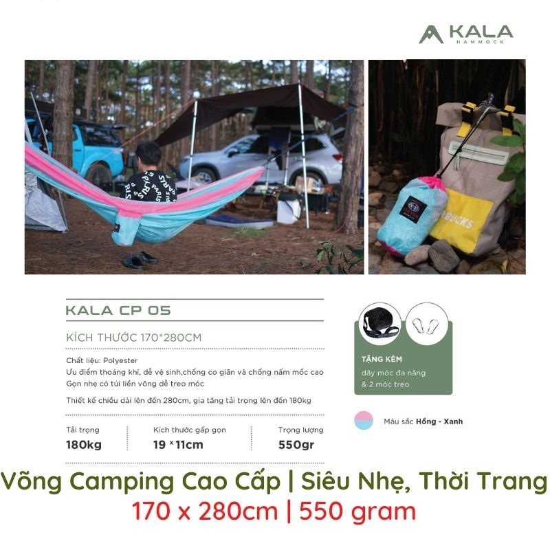 Võng Camping Cao Cấp | Siêu Nhẹ | Thời Trang | 170 x 280cm | Đủ Màu | Gấp Gọn 19x11cm | Tặng Dây + 2 Móc | VT MART