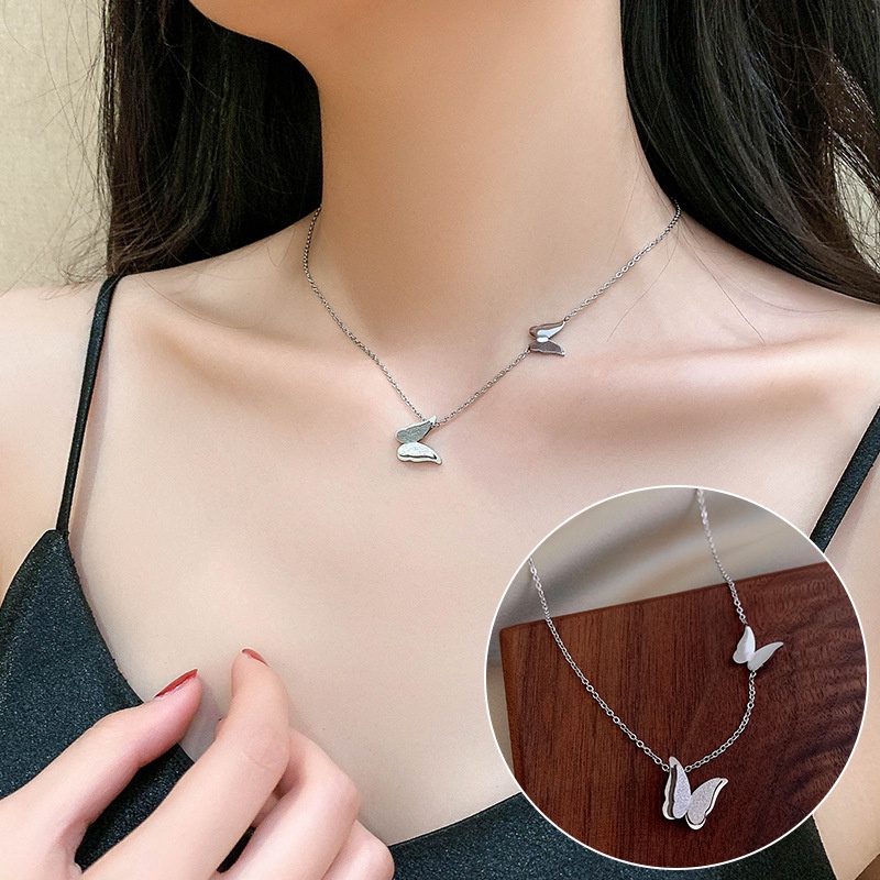 Dây Chuyền Hai Lớp Bằng Thép Titan Màu Vàng Hồng Mặt Hình Bướm Đơn Giản Thời Trang Cho Nữ 9KPQ