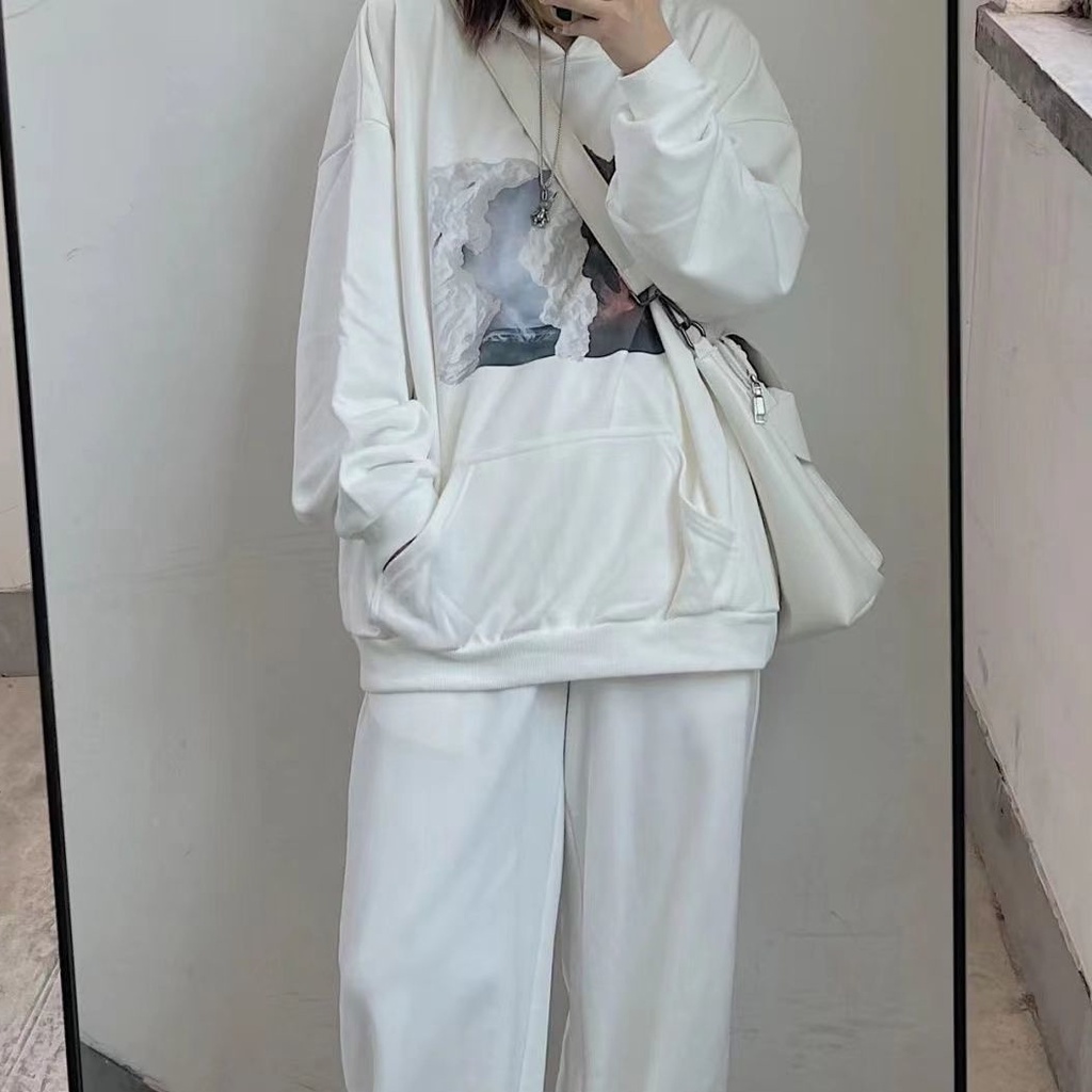 SUXI Áo Hoodie Thể Thao Tay Dài Dáng Rộng In Họa Tiết Thời Trang Xuân Thu Cho Nữ
