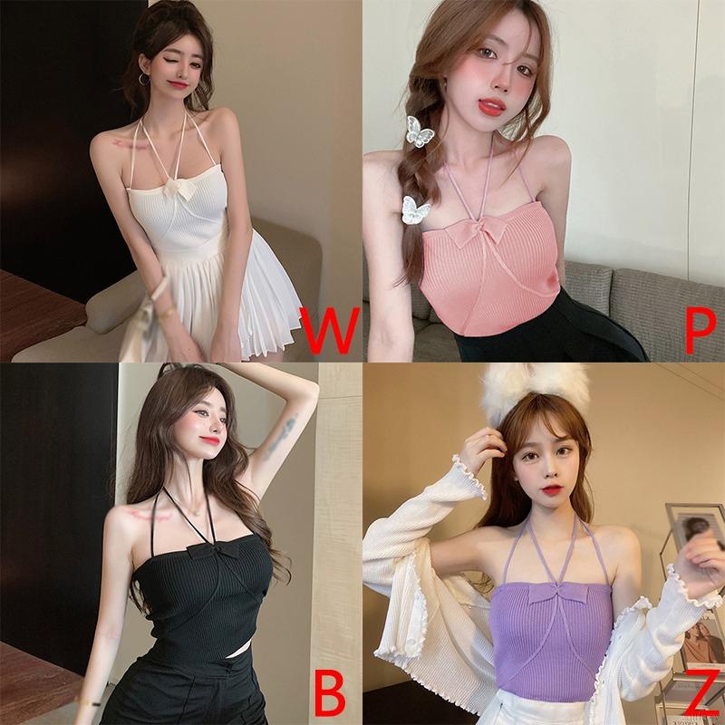 Áo Croptop Sát Nách Dệt Kim Phối Nơ Phong Cách Hàn Quốc