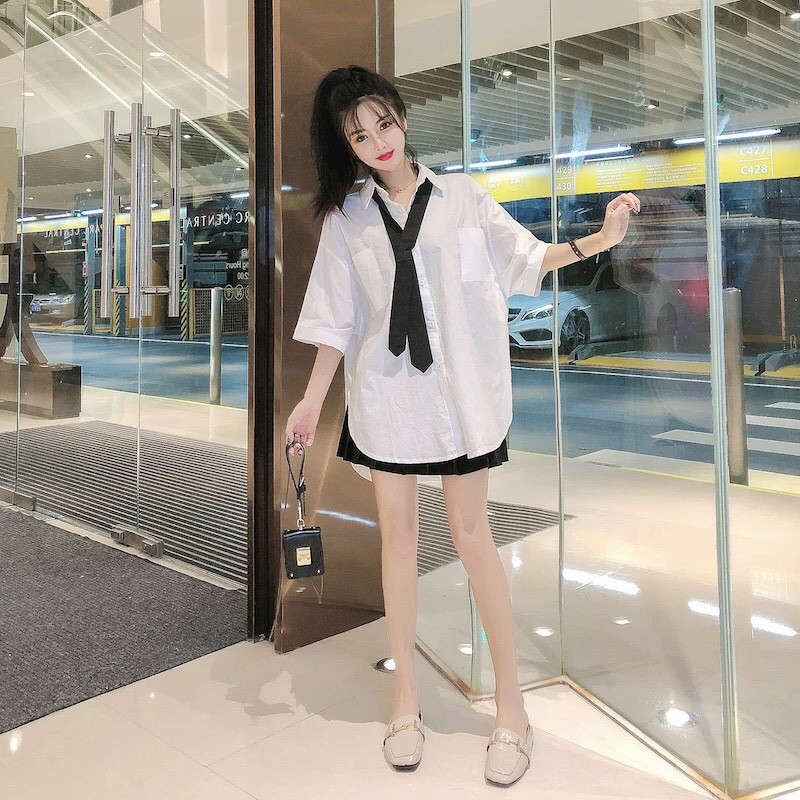 (tặng cavat) ÁO SƠ MI NỮ  FREESHIP  GIẢM 3K (Nhập Mã SHOPA3N)TRẮNG ULZZANG DÁNG DÀI HOT