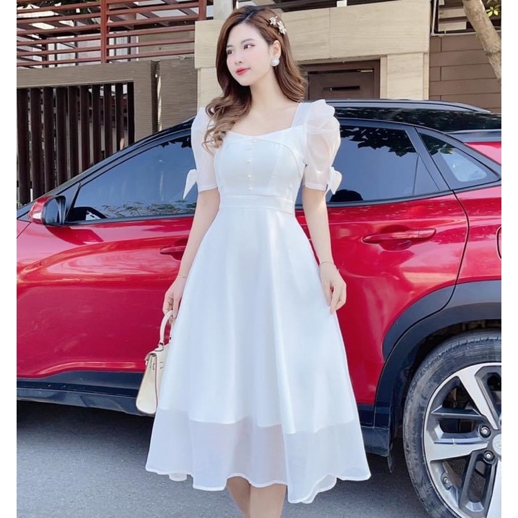 V57 Váy trắng tiểu thư đính cúc ngọc nhân tạo dự tiệc, kỉ yếu, đầm dự tiệc cưới cô dâu tay nơ