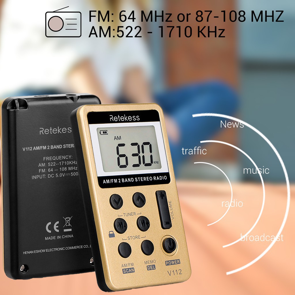 Radio AM FM Mini Bỏ Túi Retekess V112 Kèm Pin Sạc Và Tai Nghe Màu Vàng Đồng/Đỏ